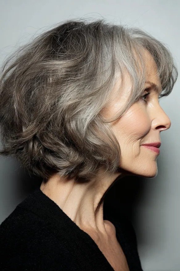Ash-Brown Layered Shaggy Bob - shaggy bob hairstyle for fine hair, women over 60