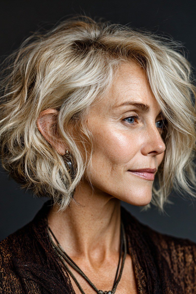 45. Blonde Curly Shaggy Bob - tousled shaggy bob hairstyle for women over 60
