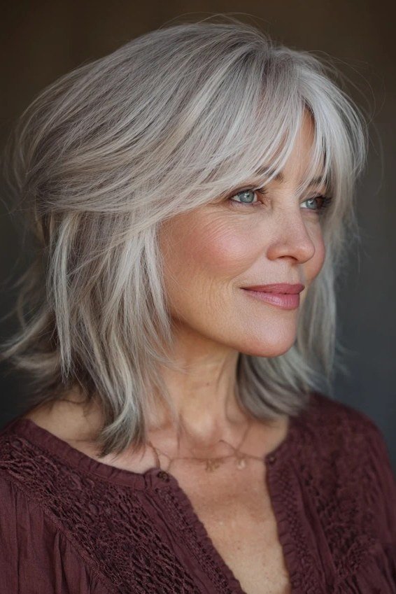 Sleek silver shaggy bob on a woman over 60 in side view