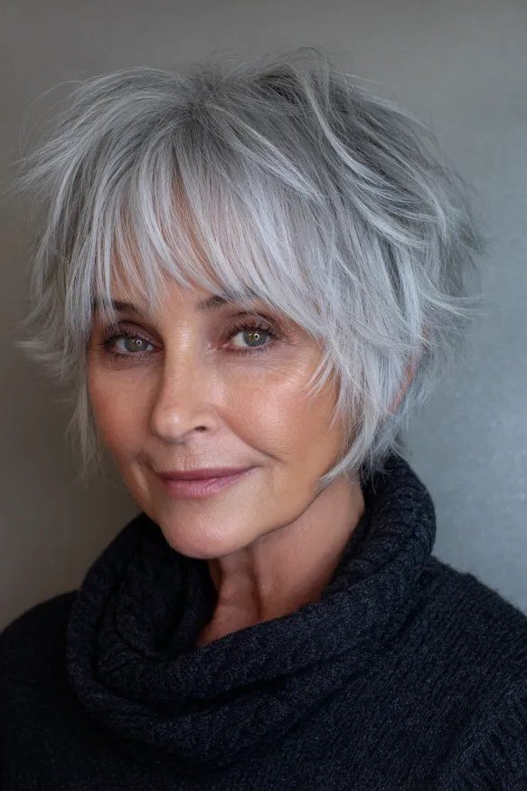 Silver Wispy Shaggy Bob With Bangs - shaggy bob hairstyle for fine hair, women over 60