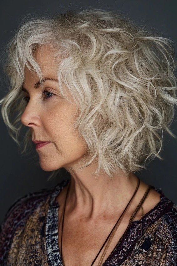 46. Gray Curly Shaggy Bob - tousled shaggy bob hairstyle for women over 60