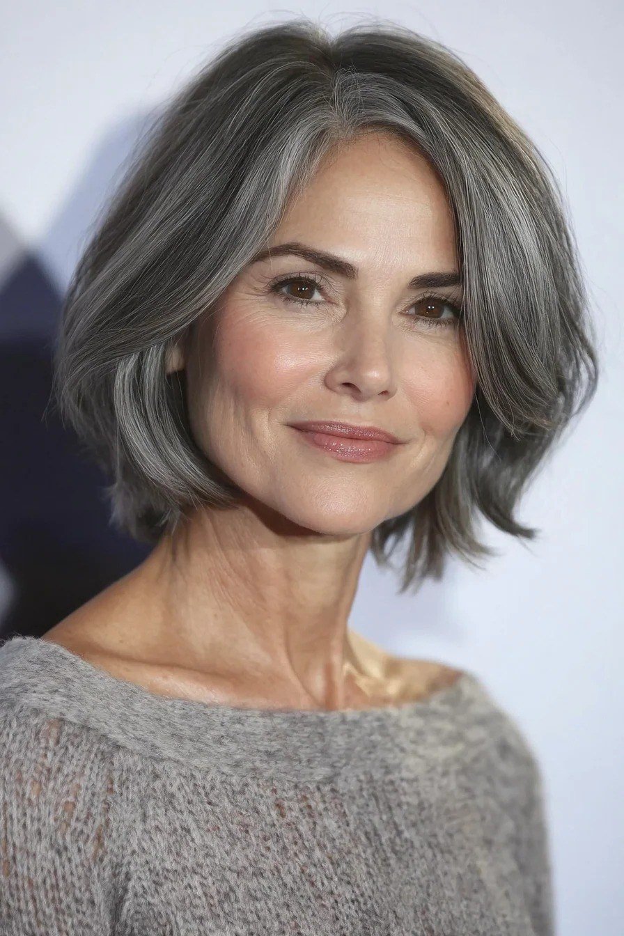 Charcoal-Gray Shaggy Bob - shaggy bob hairstyle for fine hair, women over 60