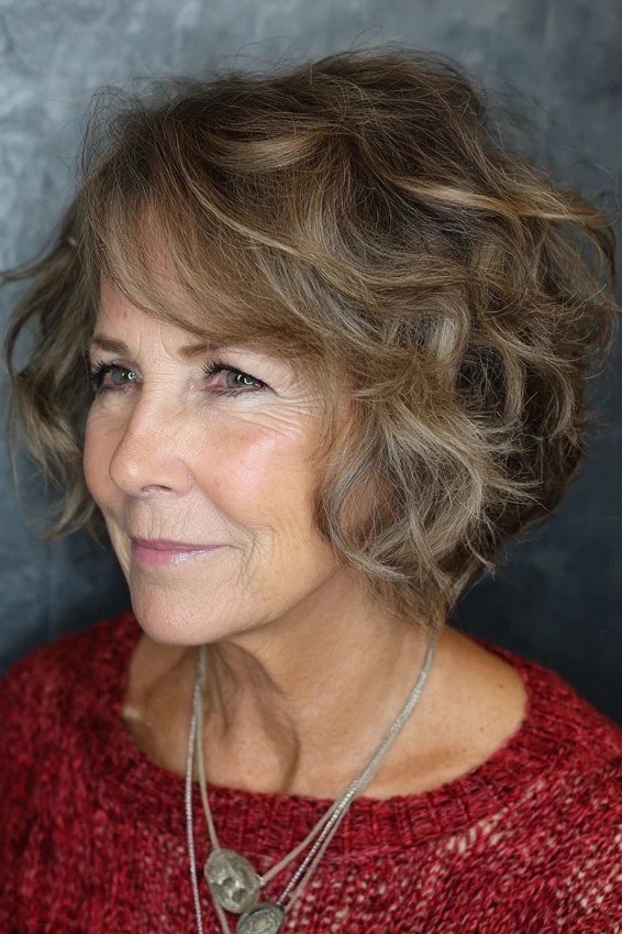 50. Brown Curly Shaggy Bob - tousled shaggy bob hairstyle for women over 60
