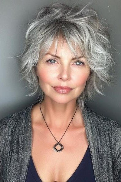 Silver Curly Shaggy Bob - shaggy bob hairstyle for fine hair, women over 60