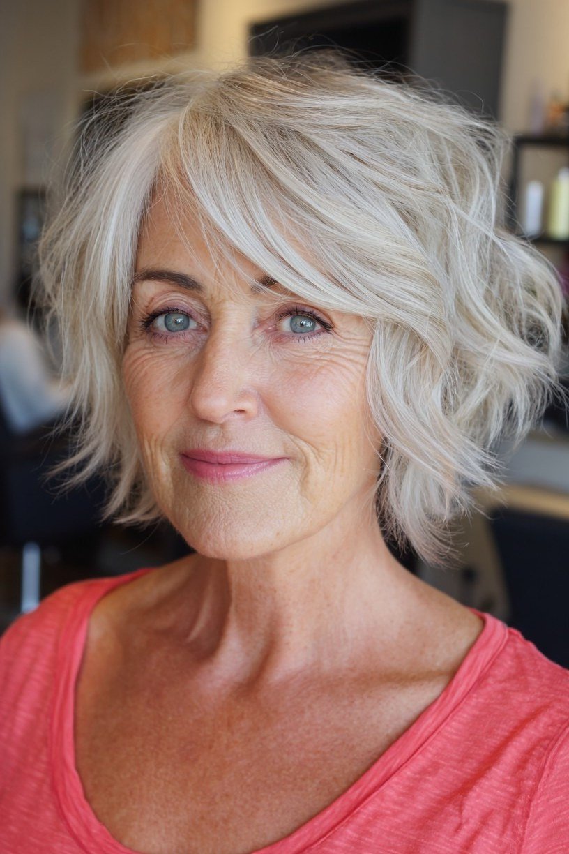 51. White Wavy Bob - tousled shaggy bob hairstyle for women over 60