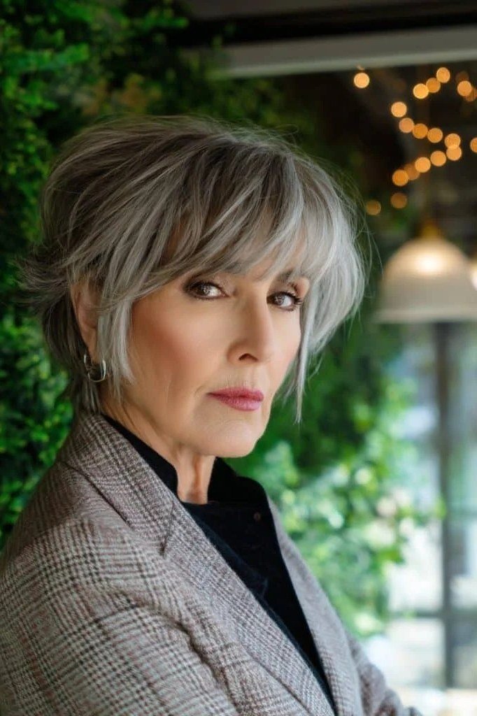 Silver Shaggy Pixie-Bob at the Cafe - shaggy bob hairstyle for fine hair, women over 60