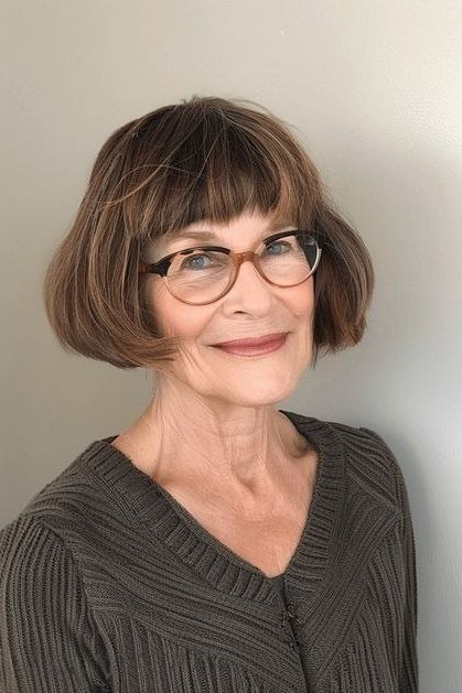 Brown shaggy bob with bangs and glasses on a woman over 60 in front view