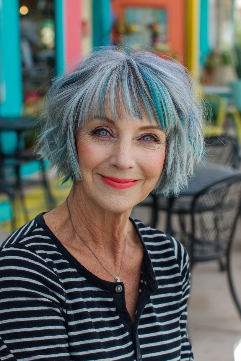 Teal-Streaked Silver Pixie-Bob - shaggy bob hairstyle for fine hair, women over 60