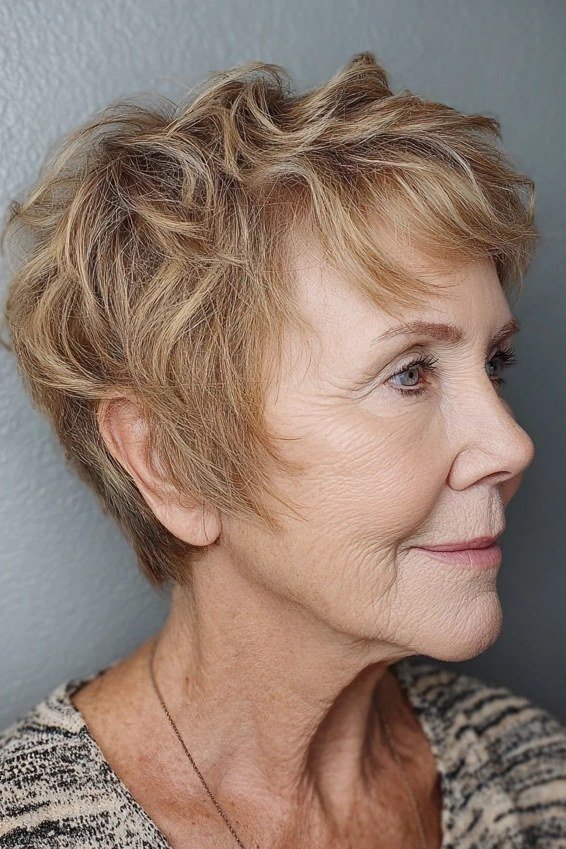 53. Blonde Pixie-Shag - tousled shaggy bob hairstyle for women over 60
