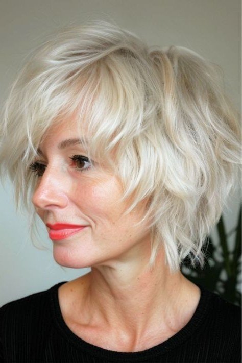 White shaggy bob with bangs on a woman over 60 in side view
