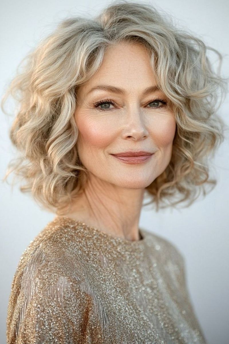 Curly blonde shaggy bob on a woman over 60 in three-quarter front view