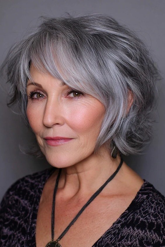 Silver-Gray Shaggy Bob - shaggy bob hairstyle for fine hair, women over 60