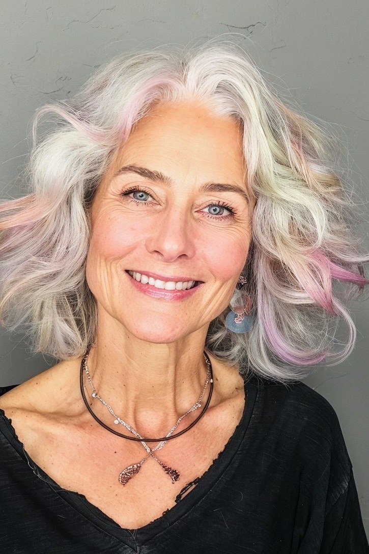 White wavy shaggy bob with pink pastel tint on a smiling woman over 60