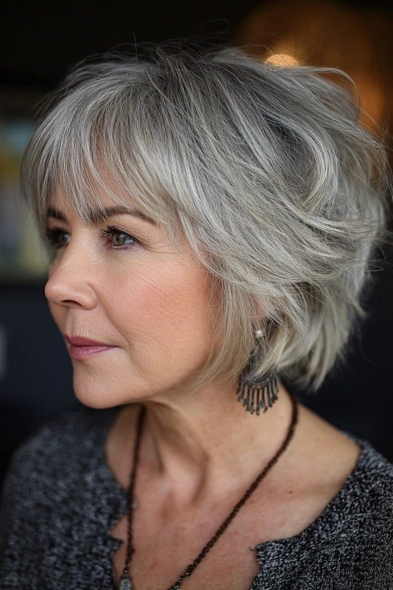 58. Gray Layered Bob - tousled shaggy bob hairstyle for women over 60