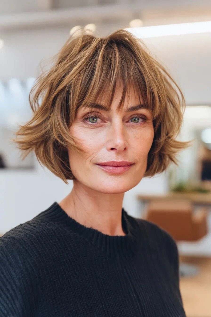 Bronde shaggy bob with bangs on a woman over 60 in front view