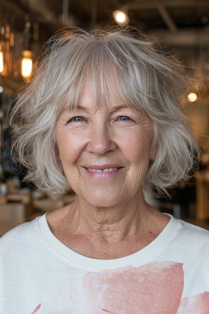 Silver wavy shaggy bob on a woman over 60 in front view