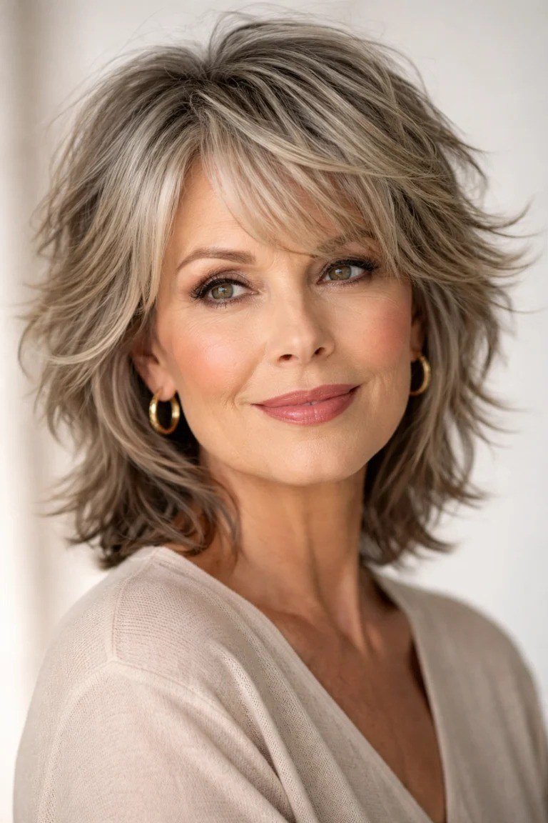 Bronde shaggy bob on a woman over 60 in front view