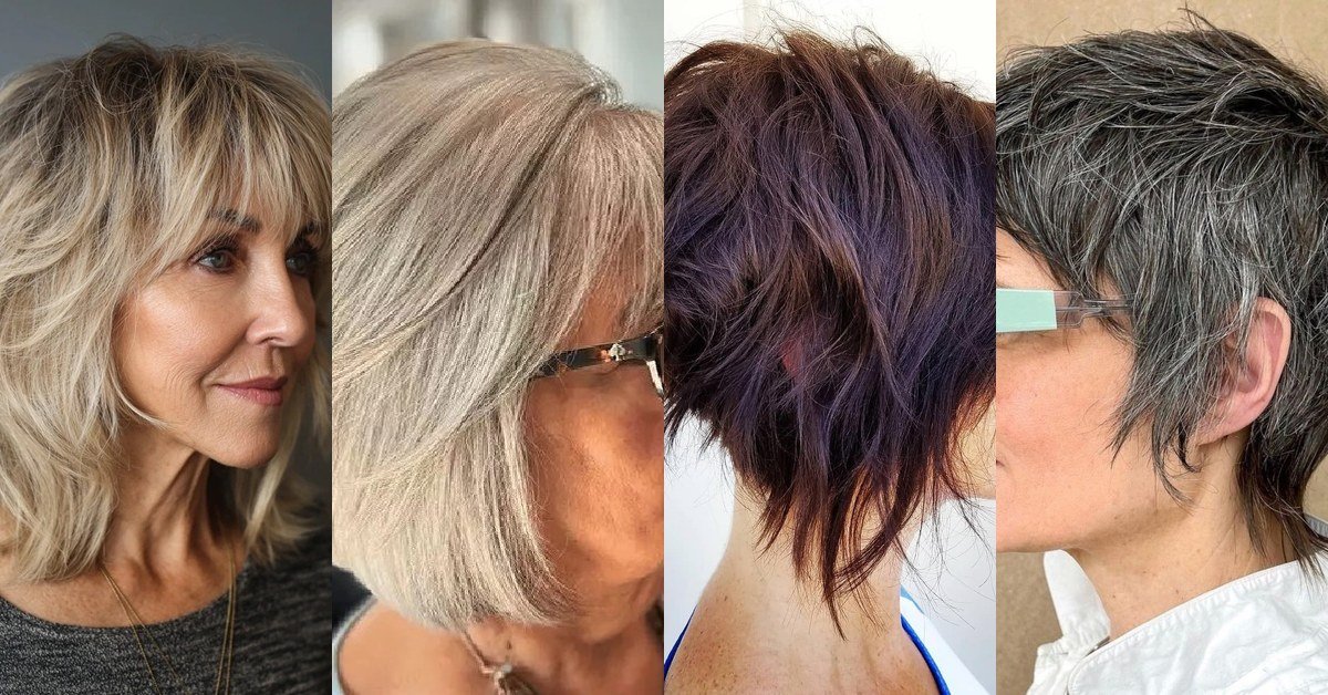 Collage of 4 shaggy bob hairstyles for women over 60 with fine hair