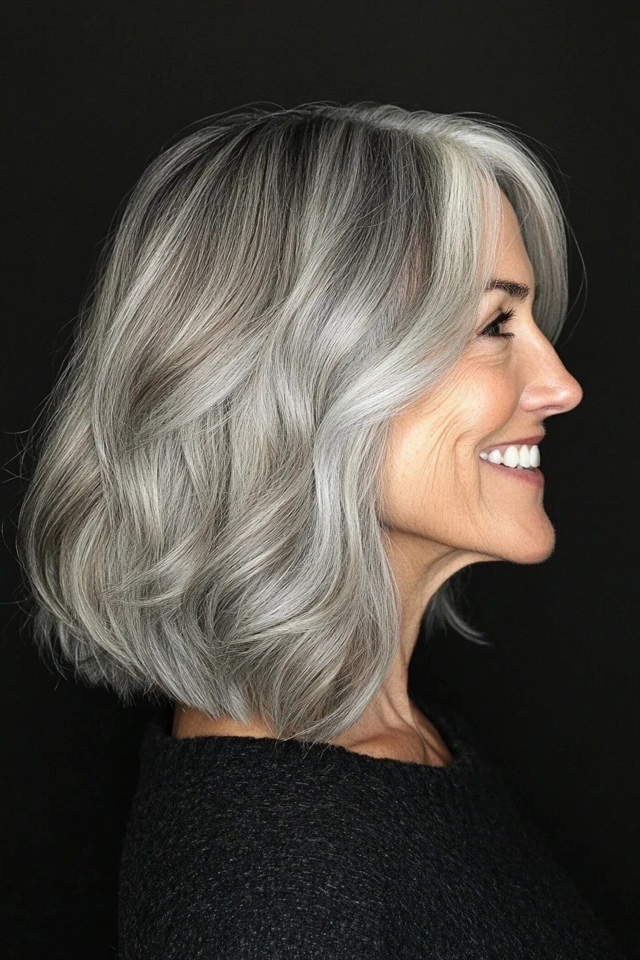 silver wavy shaggy lob with soft mid-length waves on a woman over 60, side profile