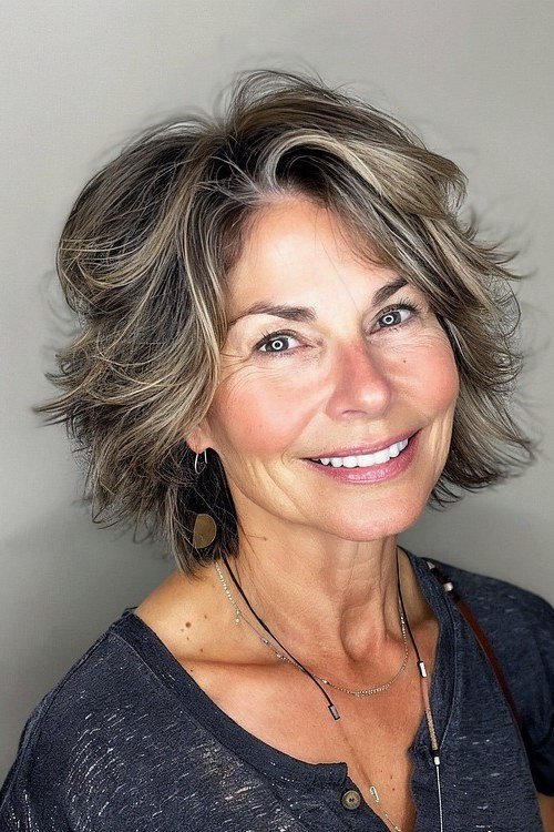 brunette wavy shaggy lob with soft touchable waves on a smiling woman over 60