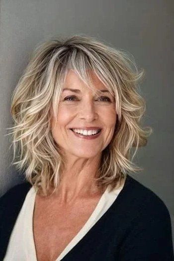 blonde wavy shaggy lob with honey tones on a smiling woman over 60, front view