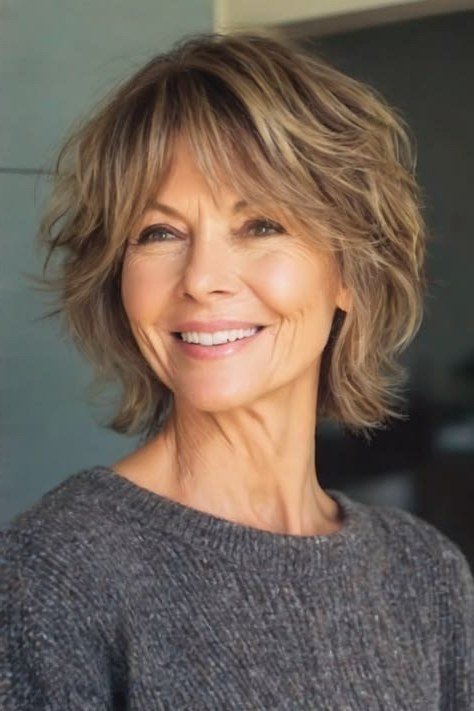 blonde shaggy lob with soft bangs on a smiling woman over 60, front view
