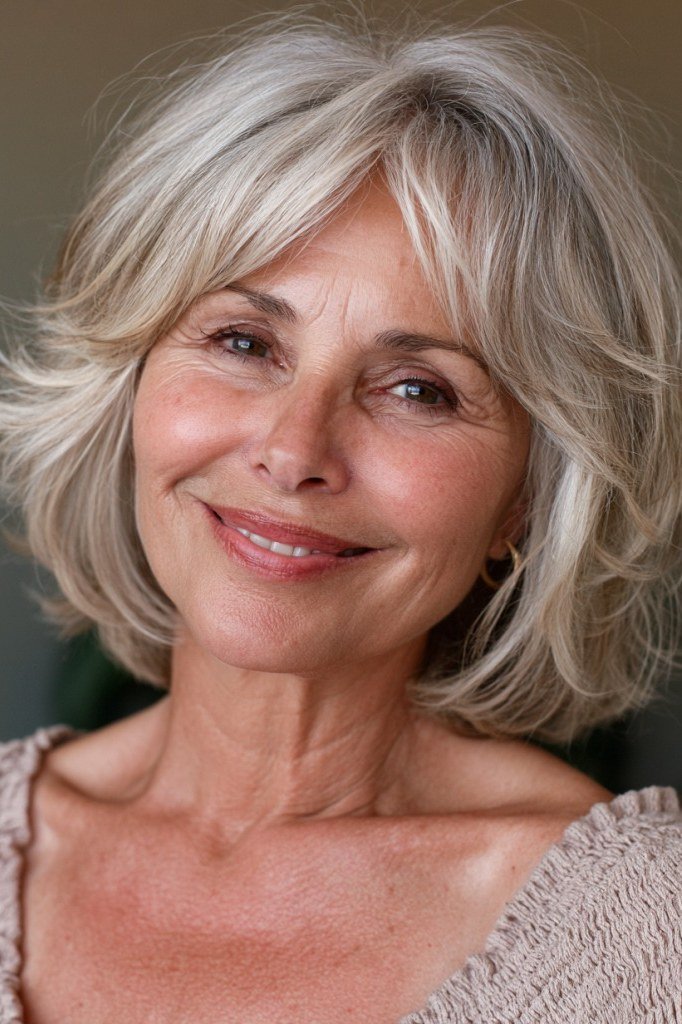 silver straight shaggy lob with glasses on a woman over 60, front view