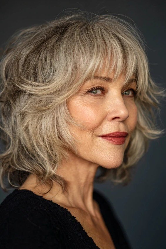 blonde wavy shaggy lob with effortless beach waves on a woman over 60