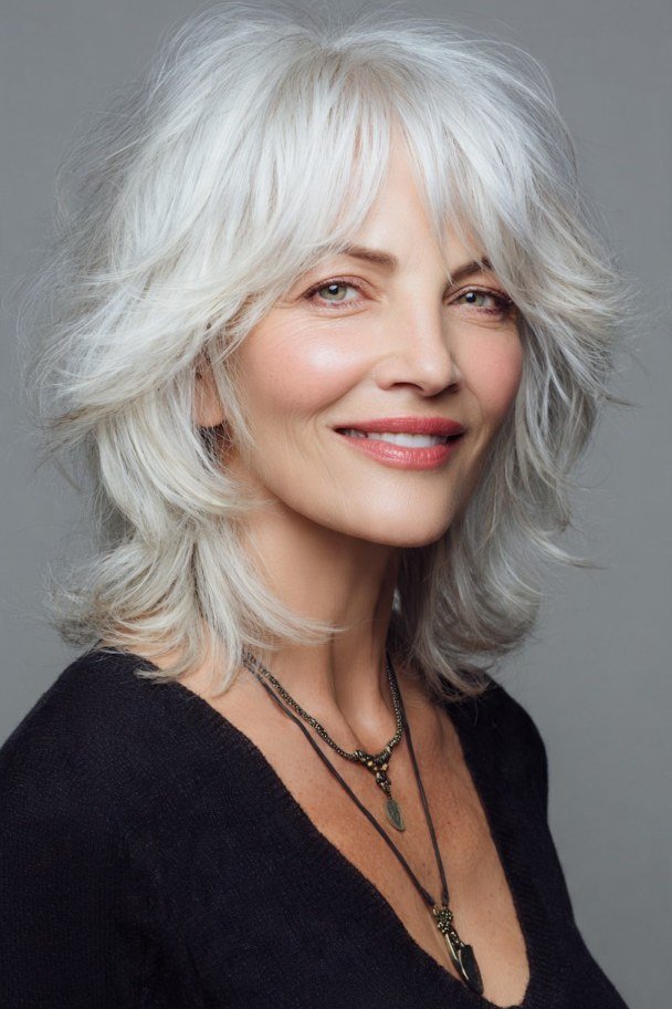white wavy shaggy lob with romantic waves on a woman over 60, front view