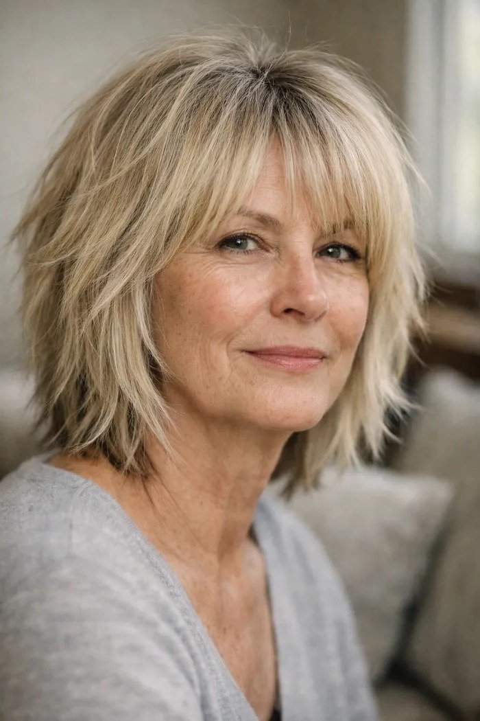 blonde shaggy lob with fuller bangs and choppy ends on a woman over 60