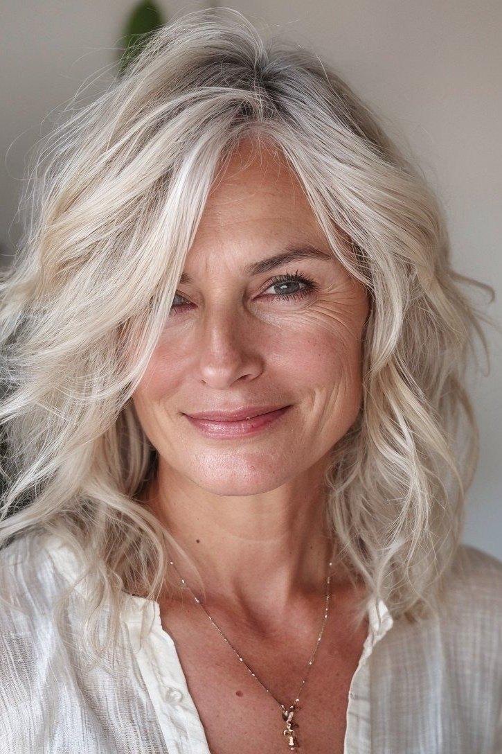 silver wavy shaggy lob with loose waves on a smiling woman over 60, front view