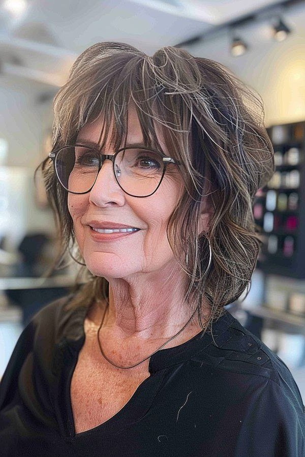 grey shaggy lob with bangs and glasses on a woman over 60, salon setting
