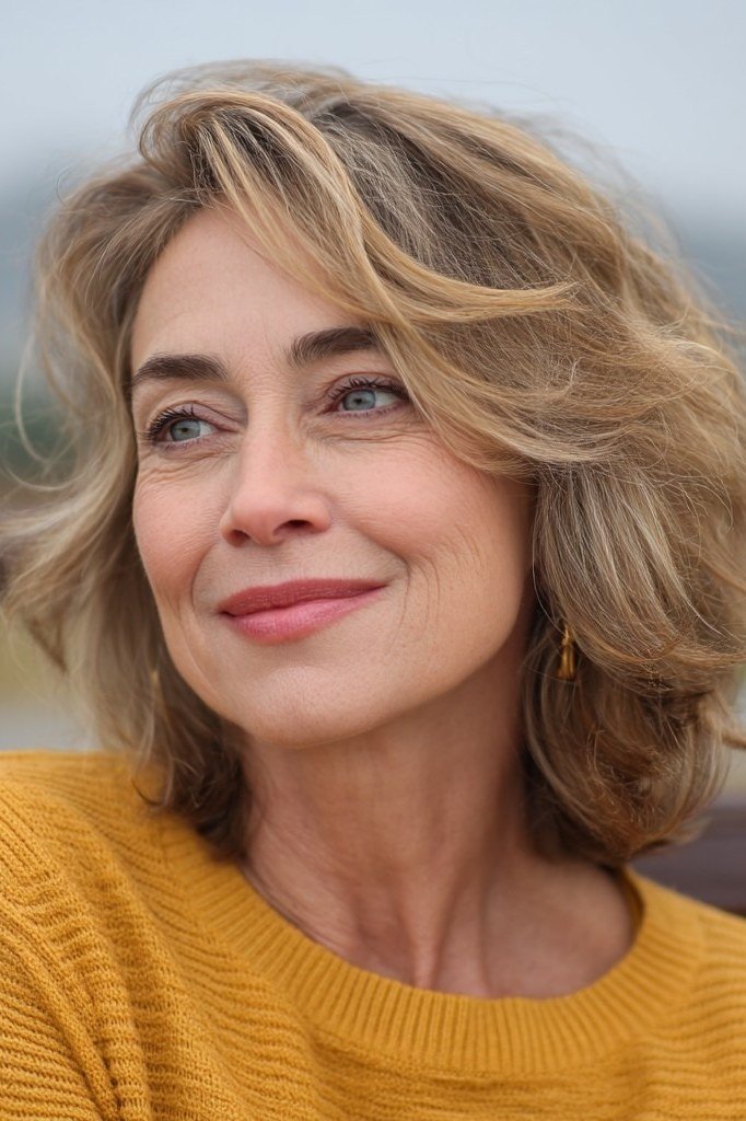 honey blonde shaggy lob with mustard sweater on a woman over 60, autumn look