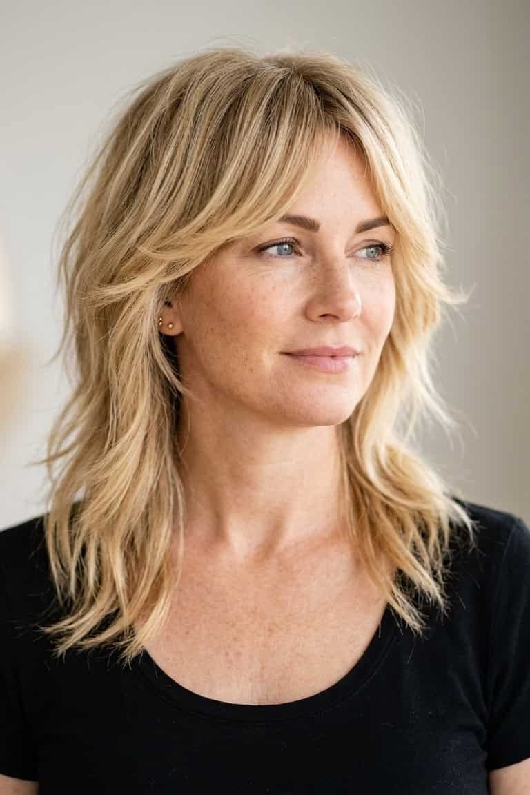 blonde layered shaggy lob with longer length on a woman over 60, front view