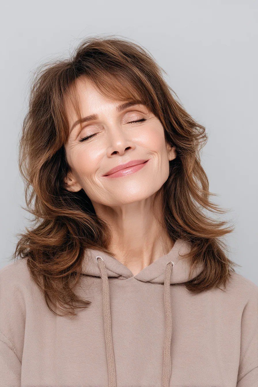 brunette layered shaggy lob with long even layers on a woman over 60