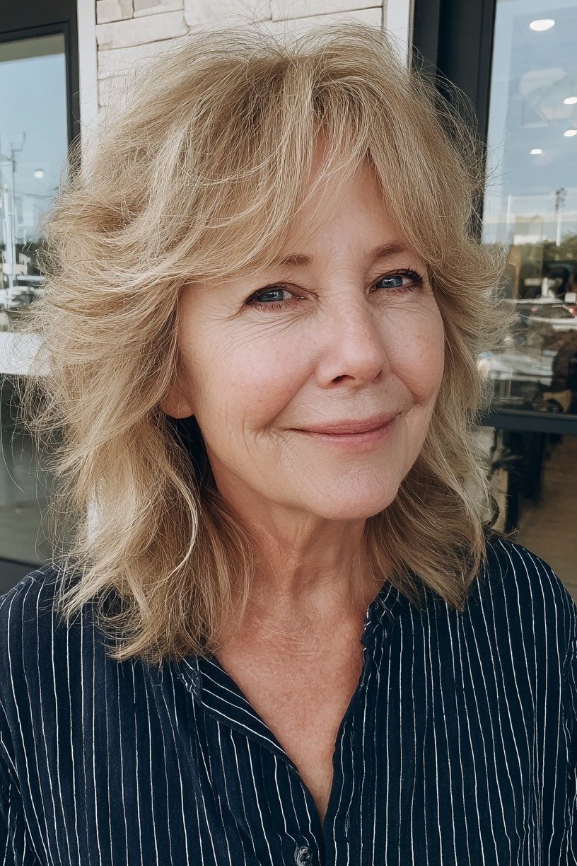 blonde shaggy lob with textured ends on a smiling woman over 60, front view