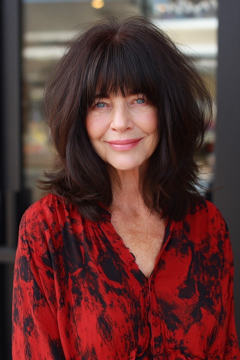 dark brown-black shaggy lob with soft bangs on a woman over 60, front view