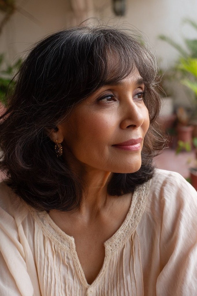 dark brown-black wavy shaggy lob with glossy waves on a woman over 60