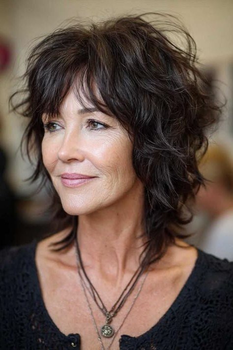 dark brown-black curly shaggy lob with tight bouncy curls on a woman over 60