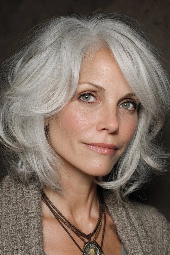silver wavy shaggy lob with bouncy waves on a smiling woman over 60