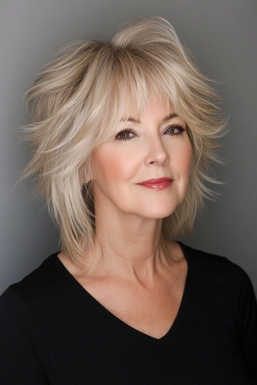 blonde shaggy lob with light airy bangs on a woman over 60, front view