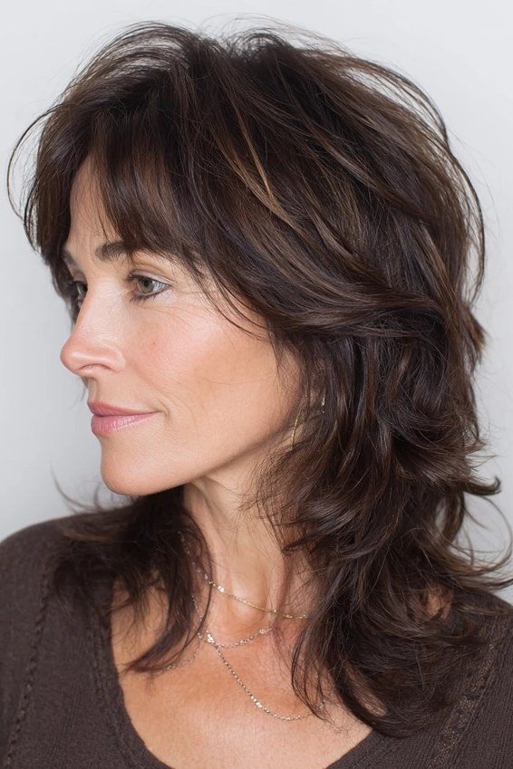 dark brown wavy shaggy lob with flowing waves on a woman over 60, side view