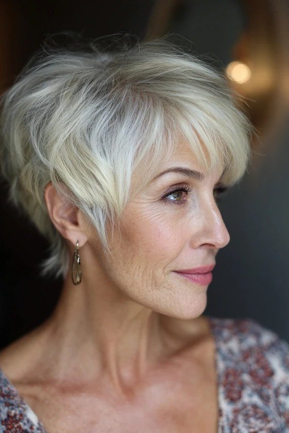Shaggy pixie bob hairstyle for women over 60: silver shaggy pixie bob, piecey layers, older woman, side view