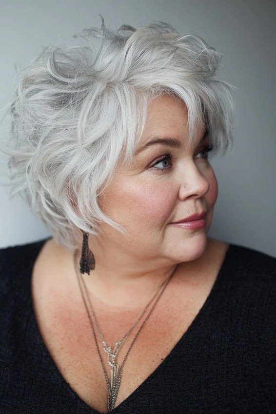 Shaggy pixie bob hairstyle for women over 60: white tousled shaggy pixie bob, older woman, three-quarter view