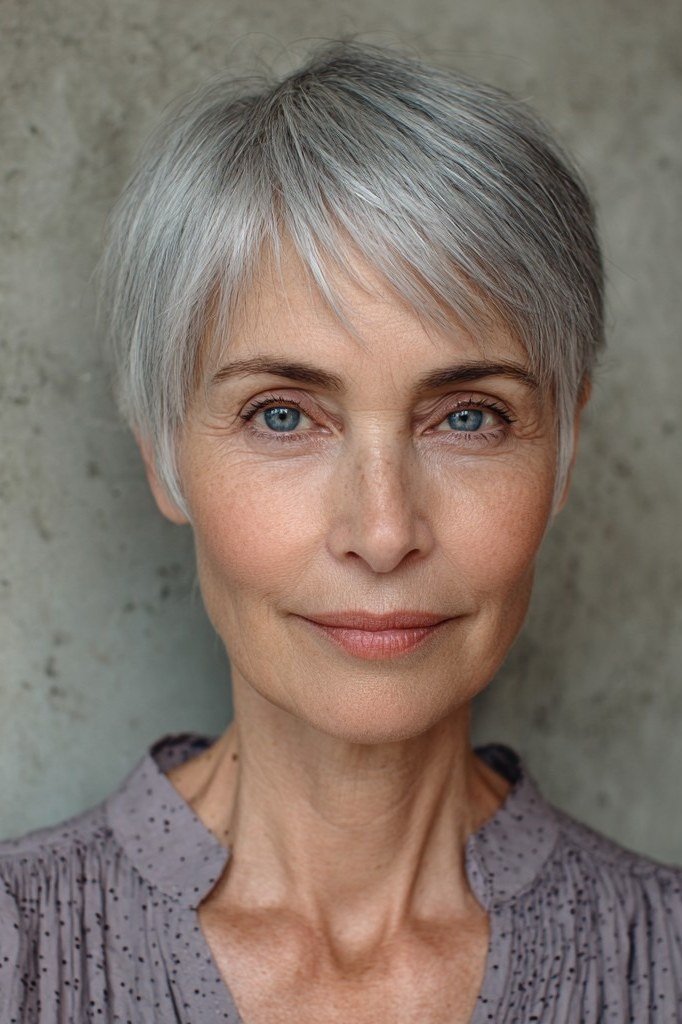 Shaggy pixie bob hairstyle for women over 60: silver shaggy pixie bob, choppy, older woman, front view