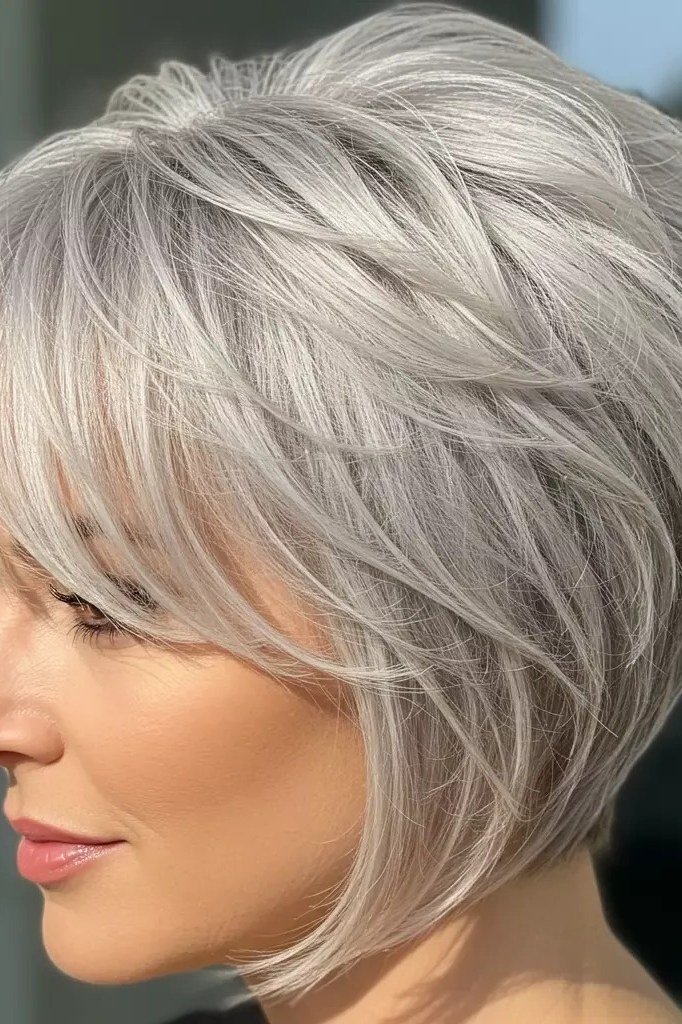 Shaggy pixie bob hairstyle for women over 60: silver voluminous shaggy pixie bob, older woman, side view