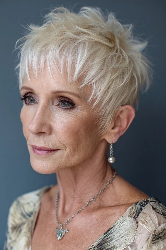 Shaggy pixie bob hairstyle for women over 60: white shaggy pixie bob, piecey, older woman, front view