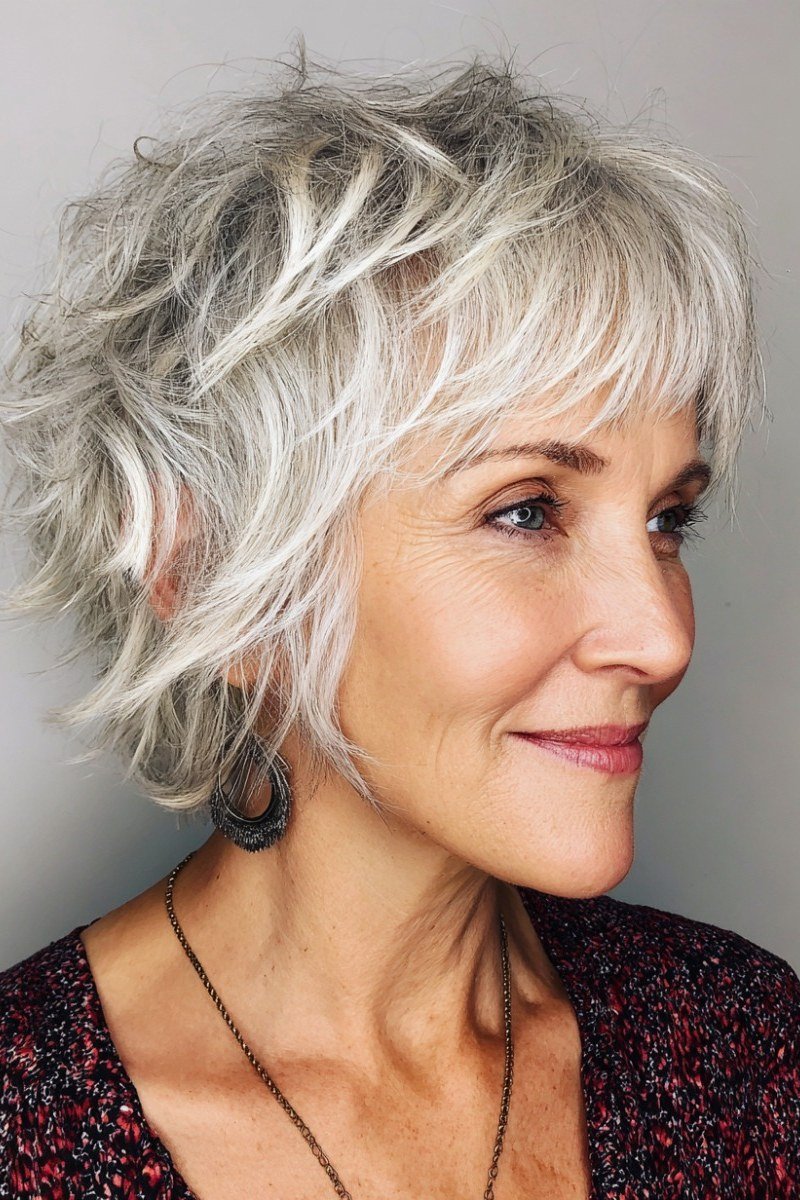 Shaggy pixie bob hairstyle for women over 60: silver pixie bob with side-swept volume, 3/4 view, older woman