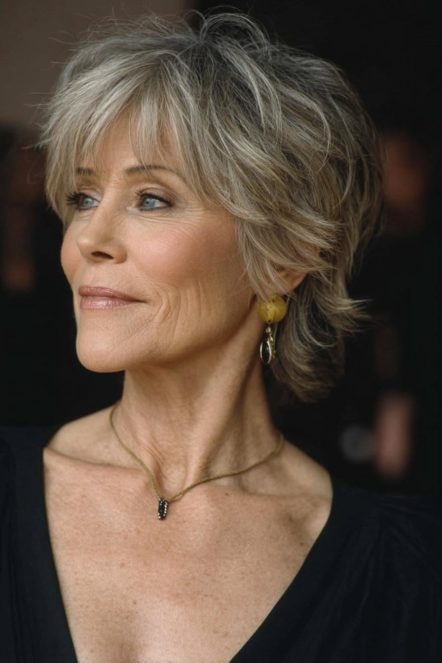 Shaggy pixie bob hairstyle for women over 60: grey shaggy pixie bob with bangs, tousled, 3/4 view, older woman