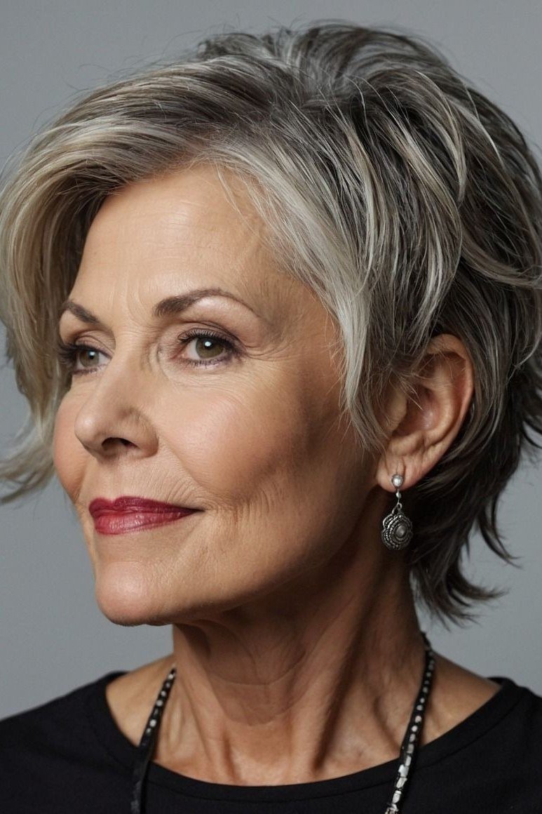 Shaggy pixie bob hairstyle for women over 60: silver-grey shaggy pixie bob, tousled with height, 3/4 view, older woman